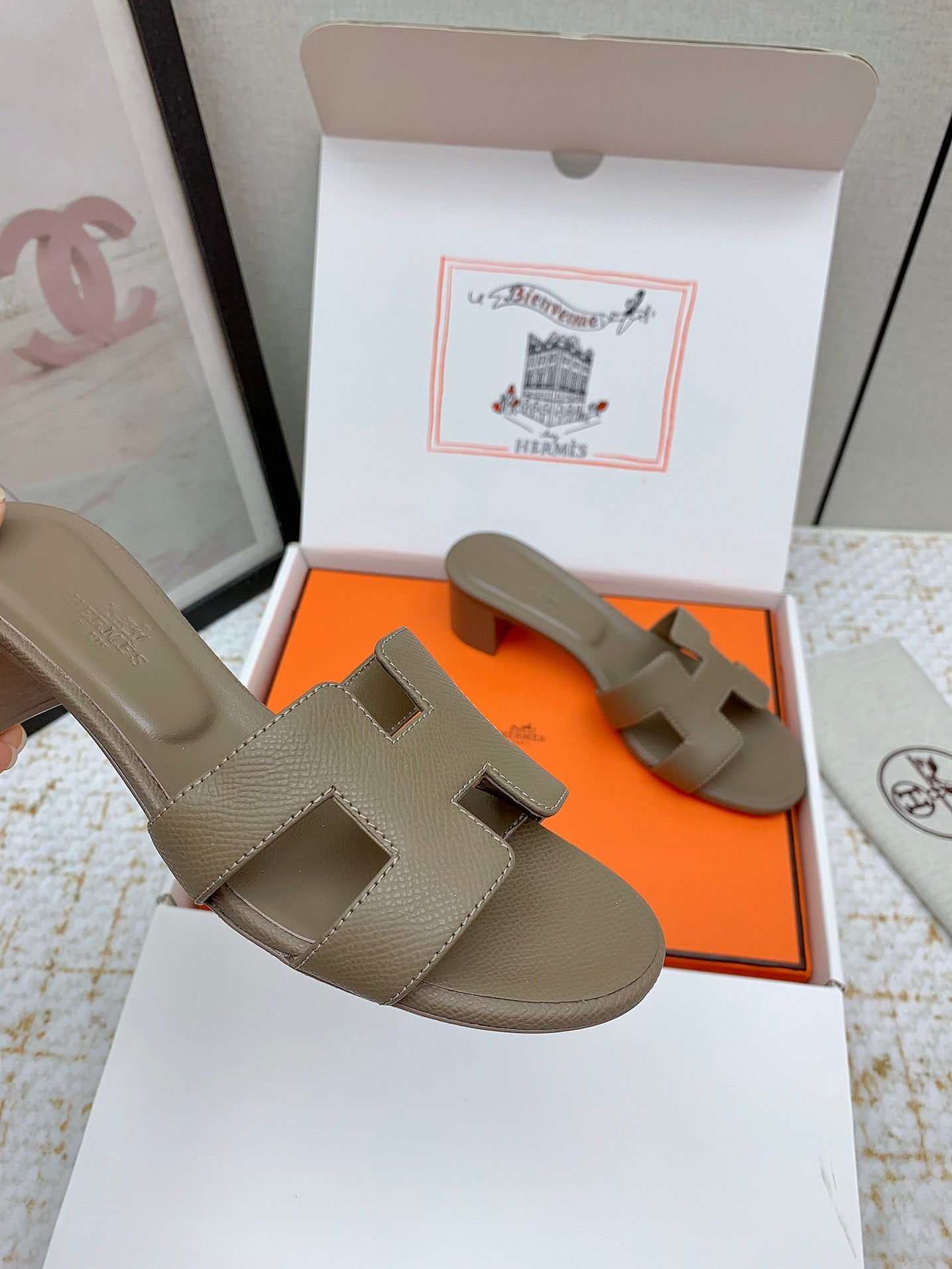 HM OASIS SANDAL HEEL 50MM IN TAUPE BROWN CALFSKIN - 35