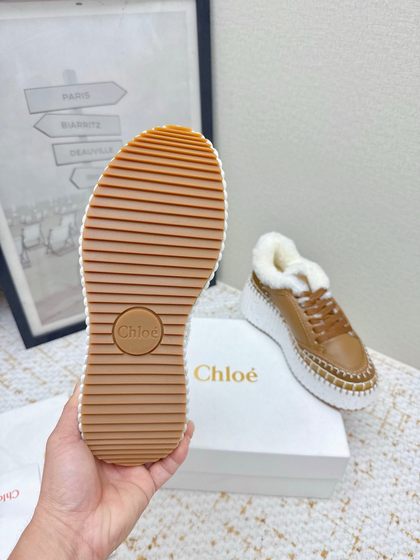 CHLOÉ 26S WEDGE SOLE SNEAKERS IN BROWN CALFSKIN