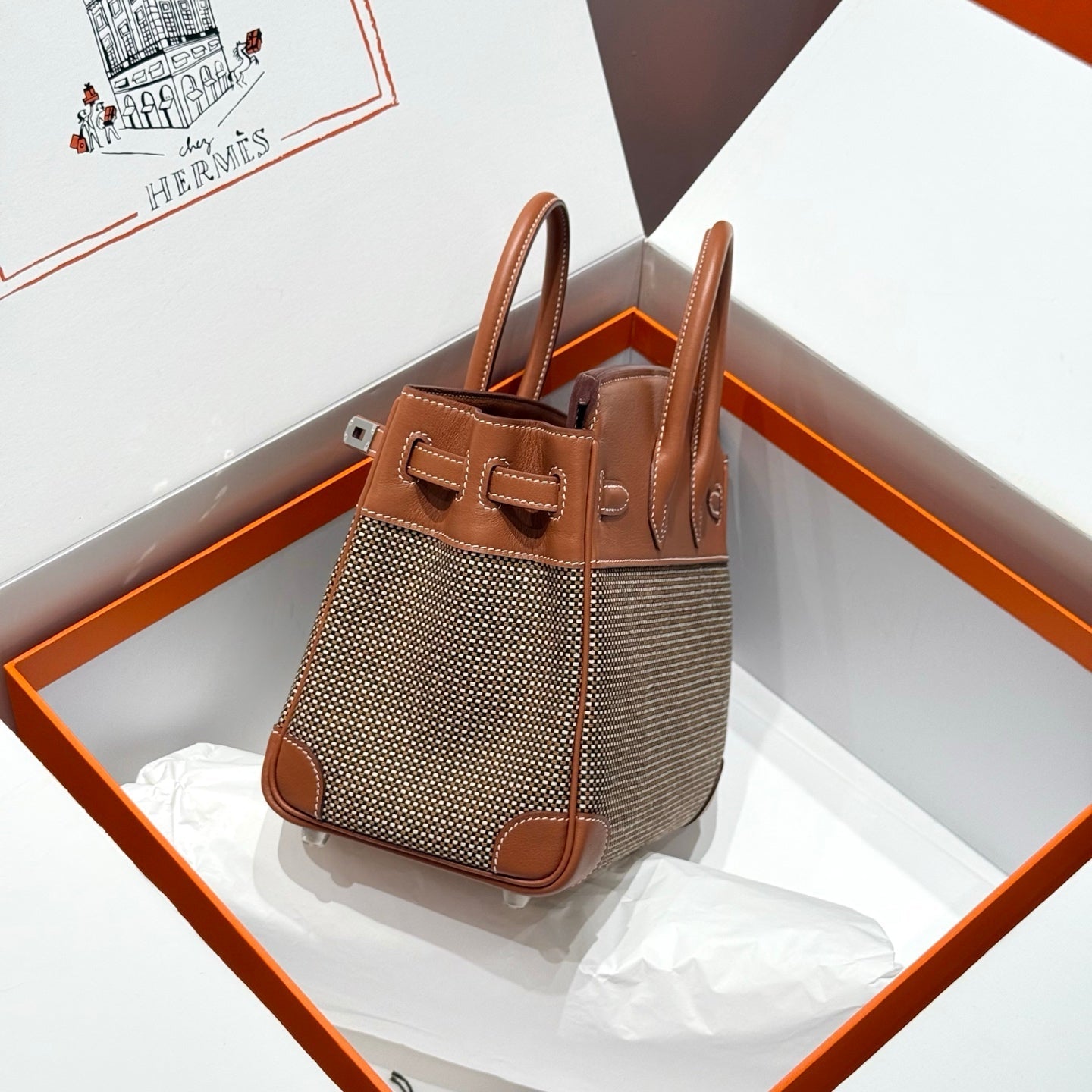 QUADRILLE BIRKIN 25CM IN GOLD SWIFT CALFSKIN AND BLACK/WHITE/BROWN TOILE CANVAS
