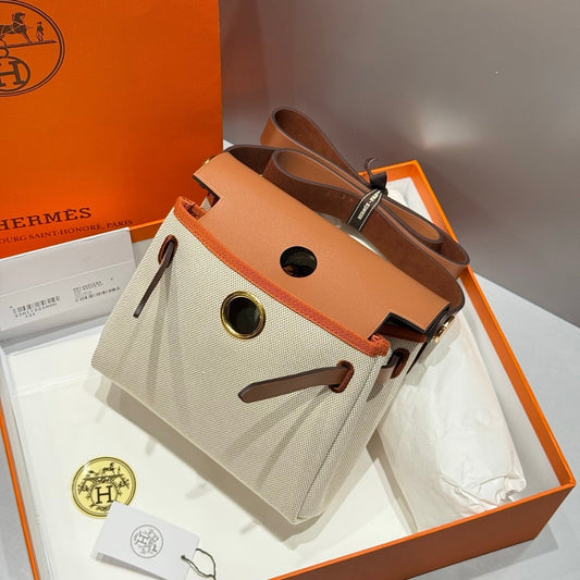 HERMES 25S MINI HERBAG 20 IN BEIGE AND BROWN CANVAS GOLD HARDWARE