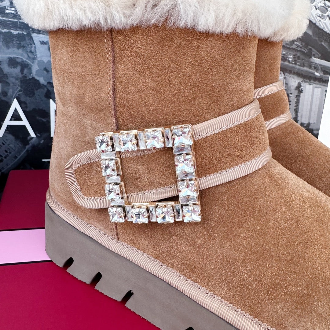 VIV' WINTER FUR STRASS BUCKLE ANKLE BOOTS IN TAN BROWN SUEDE - 35