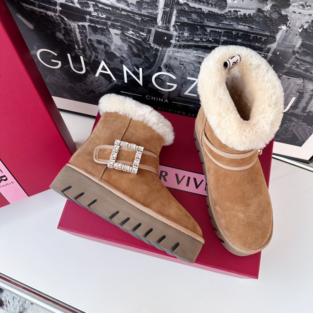VIV' WINTER FUR STRASS BUCKLE ANKLE BOOTS IN TAN BROWN SUEDE - 35