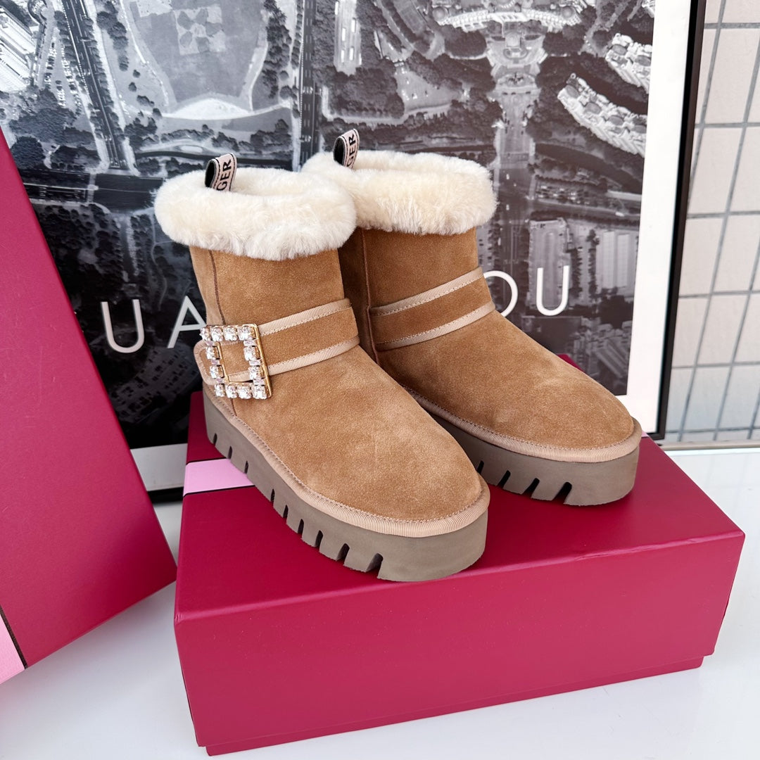 VIV' WINTER FUR STRASS BUCKLE ANKLE BOOTS IN TAN BROWN SUEDE - 35