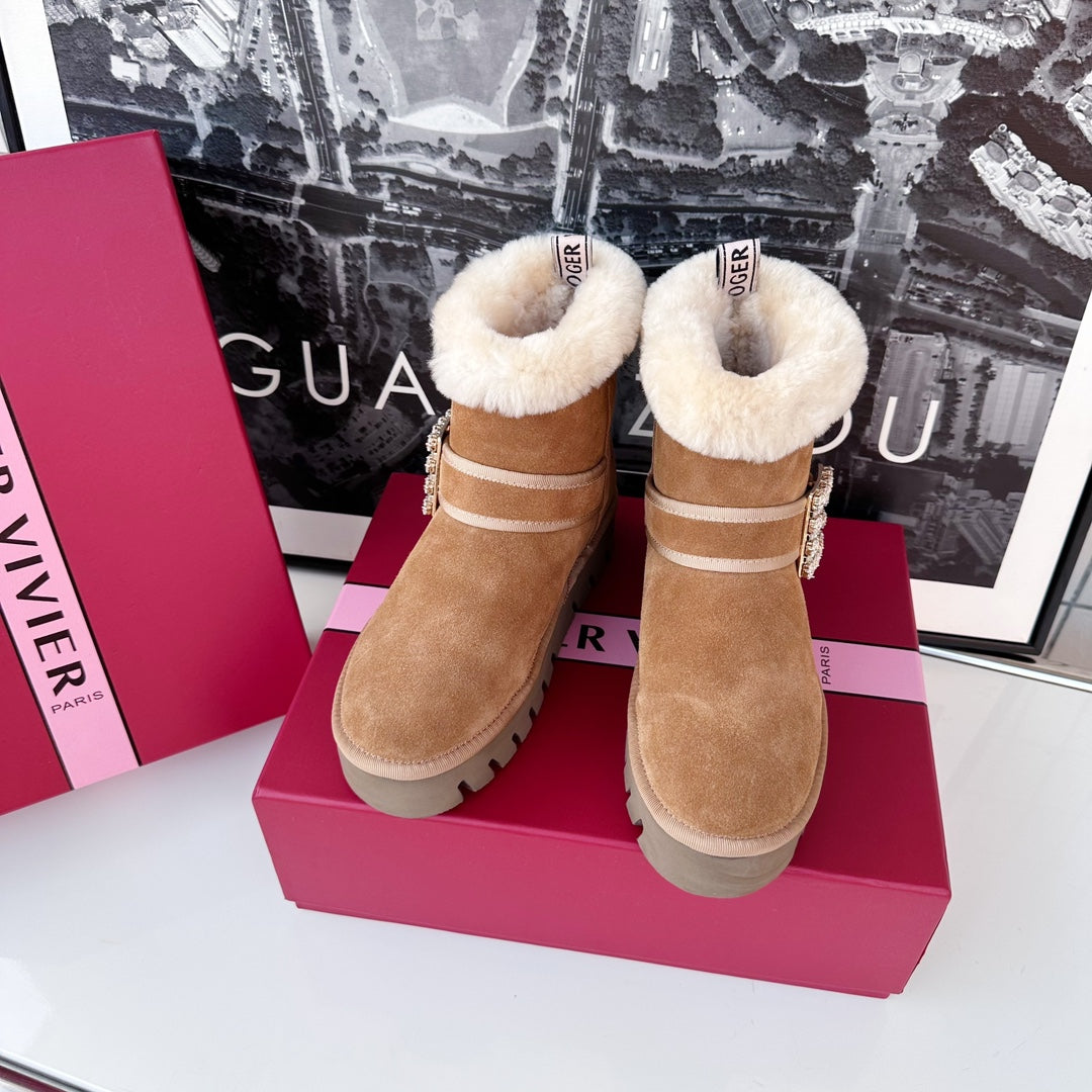 VIV' WINTER FUR STRASS BUCKLE ANKLE BOOTS IN TAN BROWN SUEDE - 35