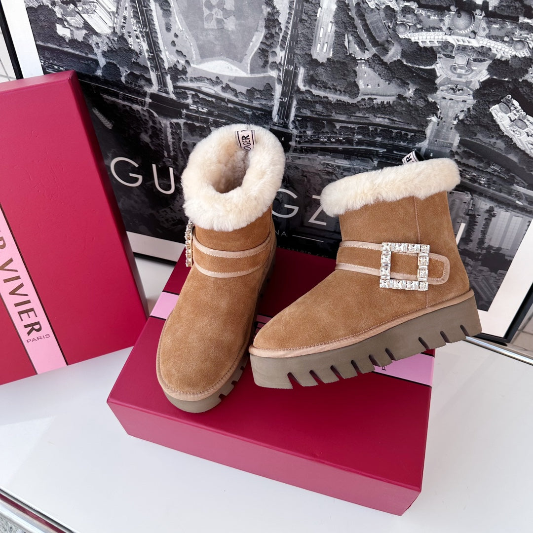 VIV' WINTER FUR STRASS BUCKLE ANKLE BOOTS IN TAN BROWN SUEDE - 35