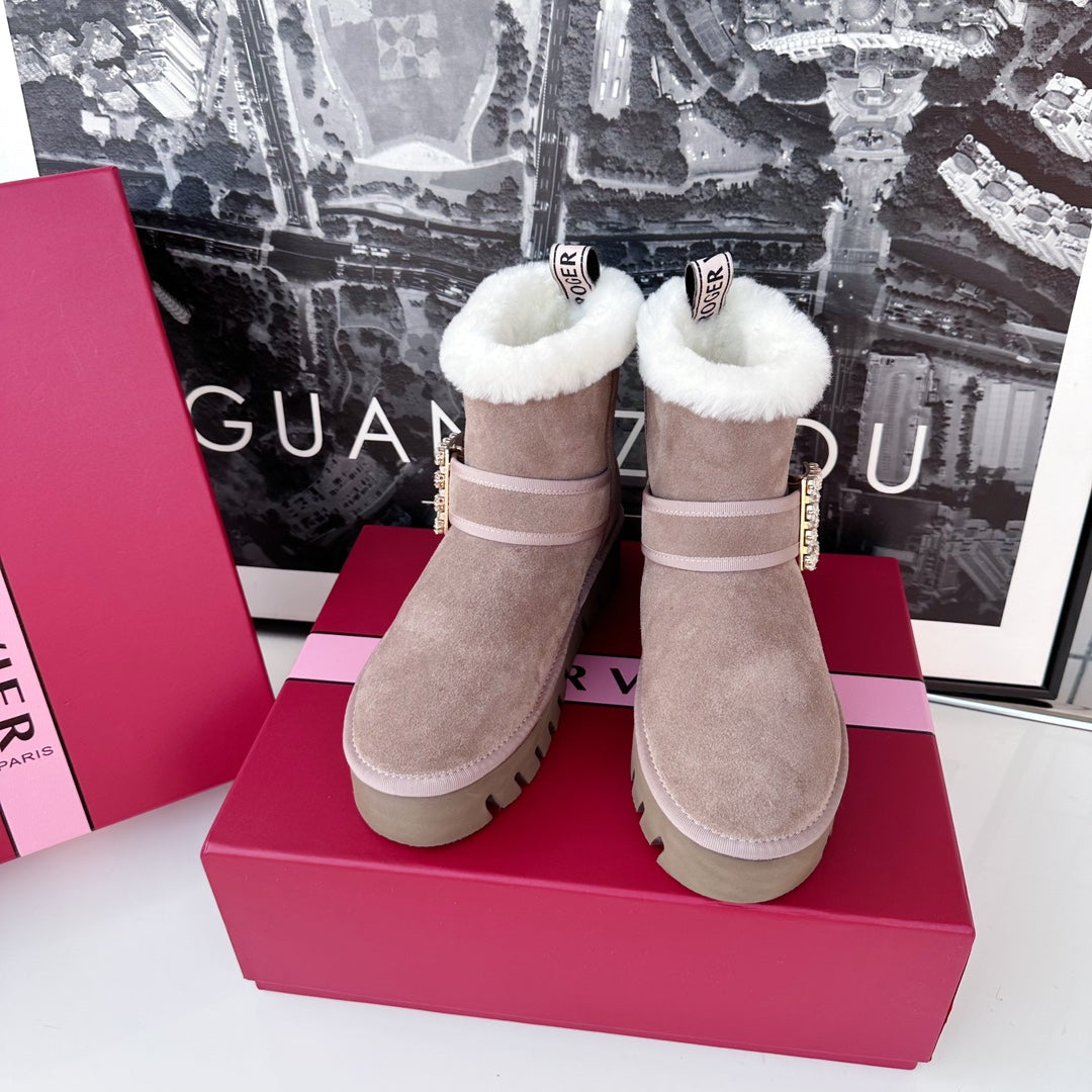 VIV' WINTER FUR STRASS BUCKLE ANKLE BOOTS IN TAUPE SUEDE - 35
