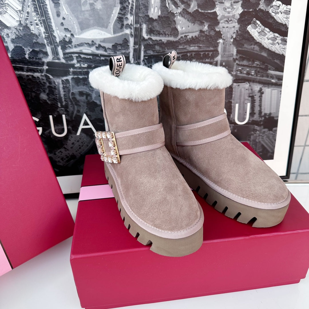 VIV' WINTER FUR STRASS BUCKLE ANKLE BOOTS IN TAUPE SUEDE - 35