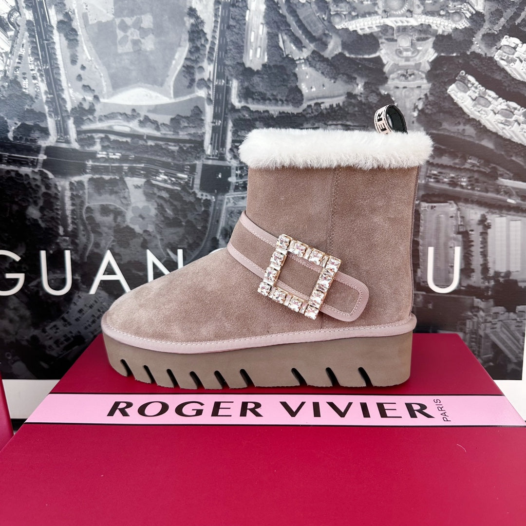 VIV' WINTER FUR STRASS BUCKLE ANKLE BOOTS IN TAUPE SUEDE - 35