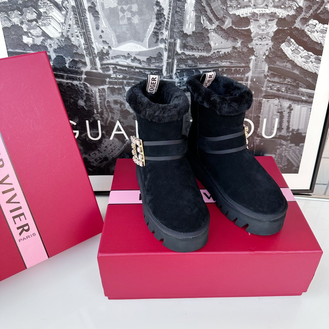 VIV' WINTER FUR STRASS BUCKLE ANKLE BOOTS IN BLACK SUEDE - 35