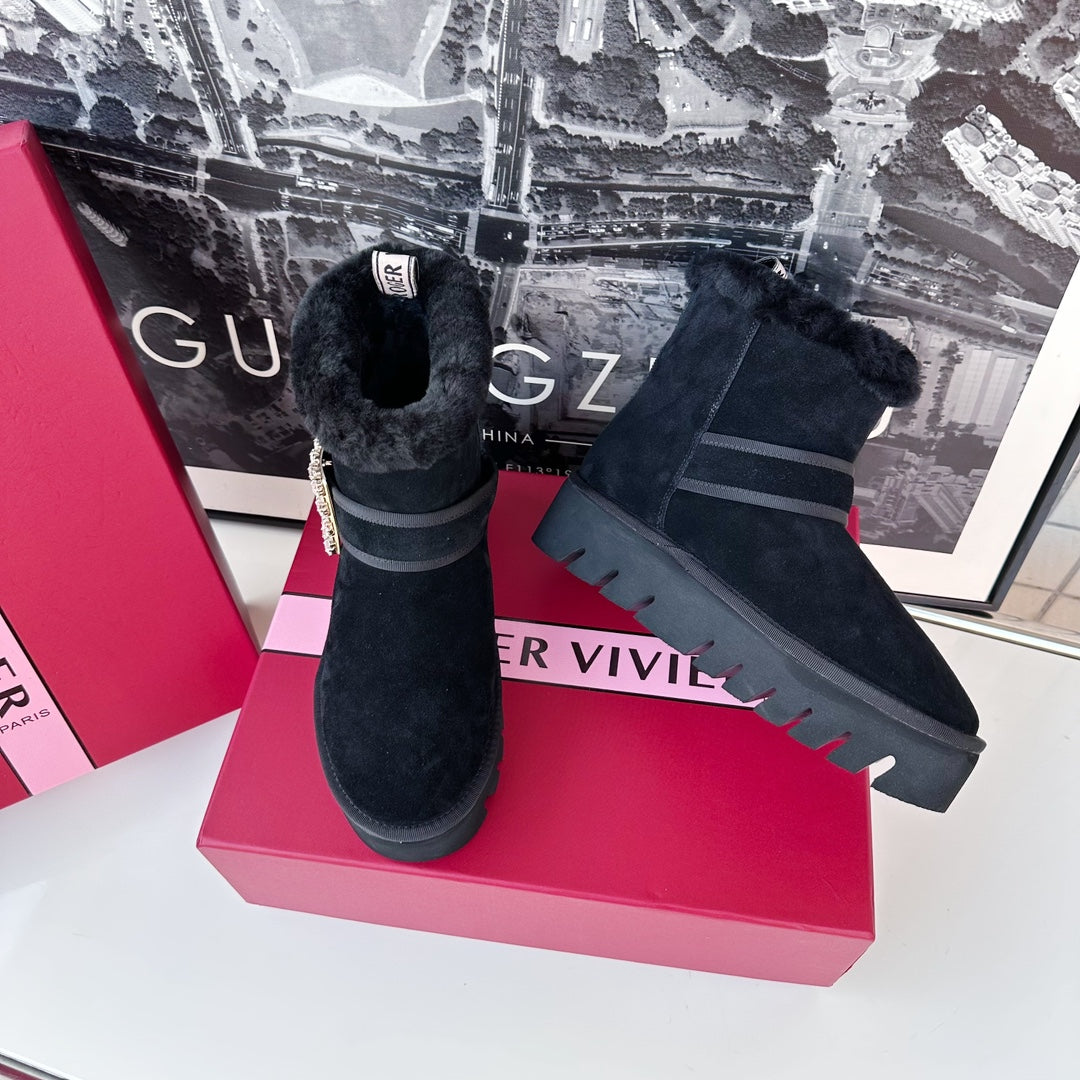 VIV' WINTER FUR STRASS BUCKLE ANKLE BOOTS IN BLACK SUEDE - 35