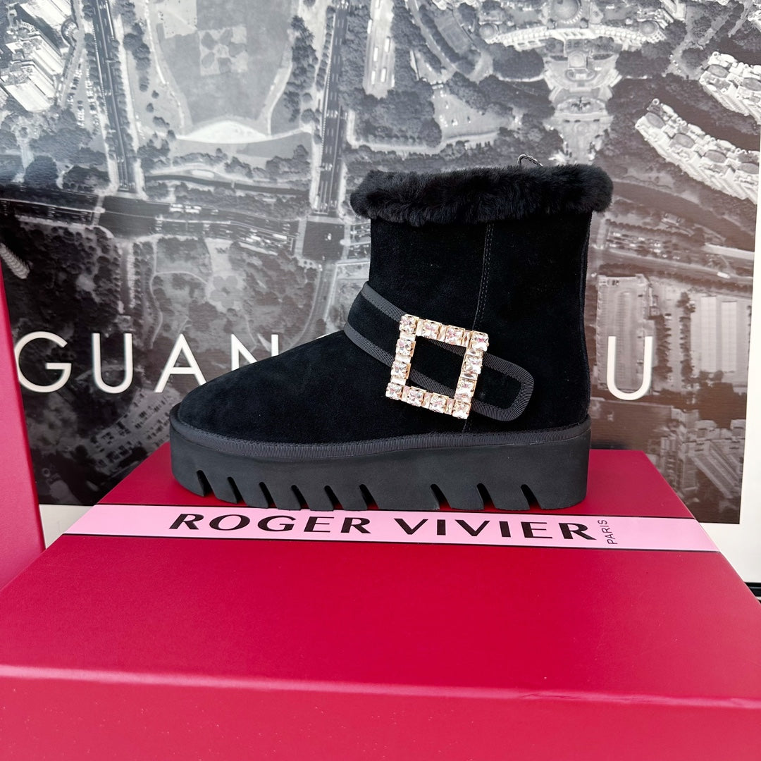 VIV' WINTER FUR STRASS BUCKLE ANKLE BOOTS IN BLACK SUEDE - 35