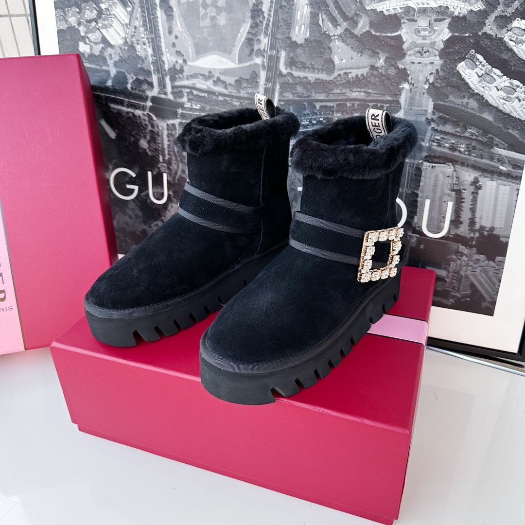VIV' WINTER FUR STRASS BUCKLE ANKLE BOOTS IN BLACK SUEDE - 35