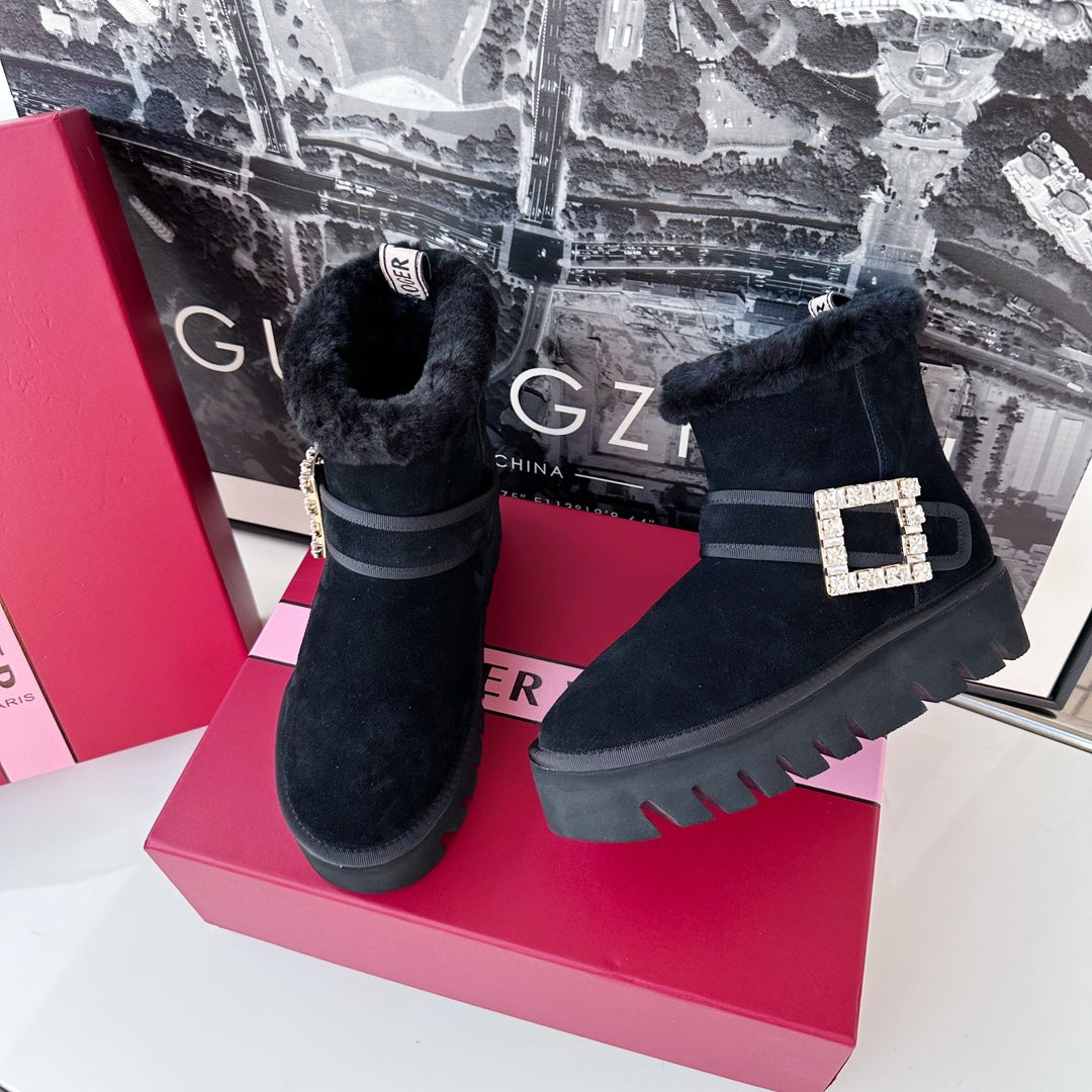 VIV' WINTER FUR STRASS BUCKLE ANKLE BOOTS IN BLACK SUEDE - 35
