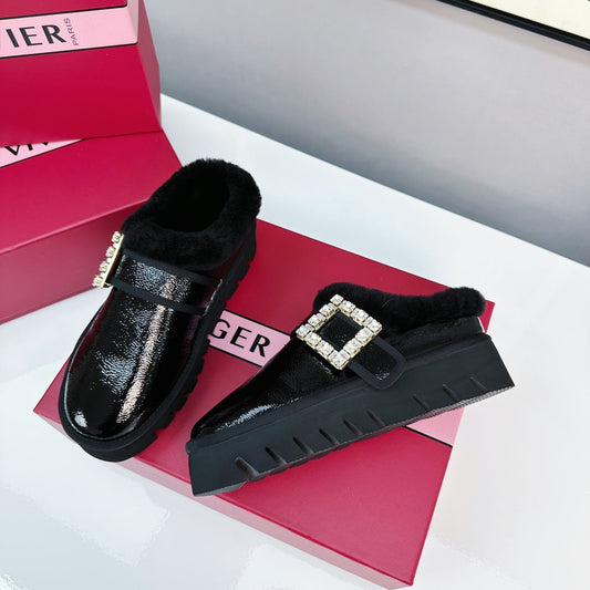 VIV WINTER PLATFORM MULES IN BLACK PATENT CALFSKIN - 35
