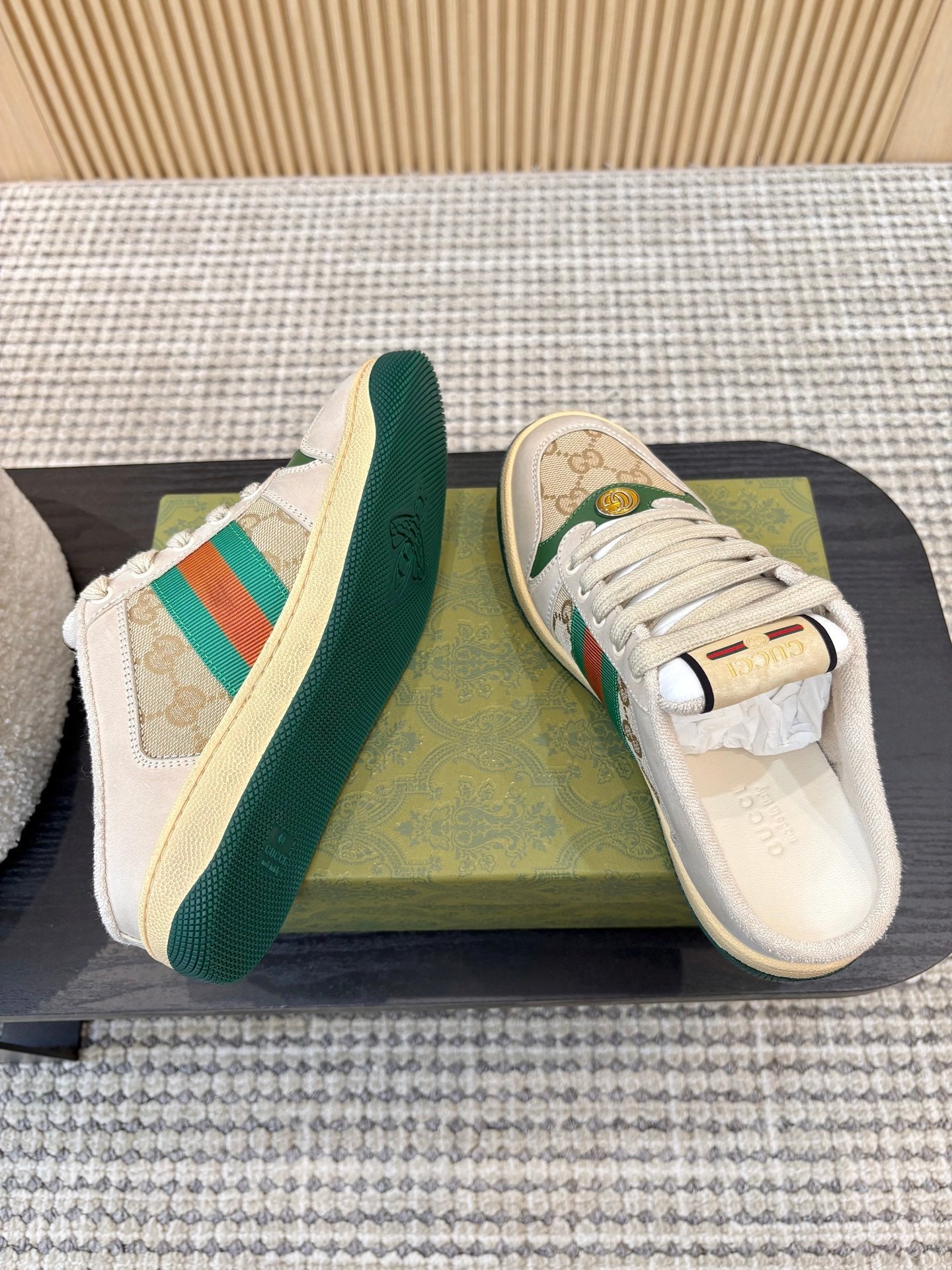 GUCCI 26S BACKLESS SNEAKERS IN BEIGE CANVAS AND LEATHER