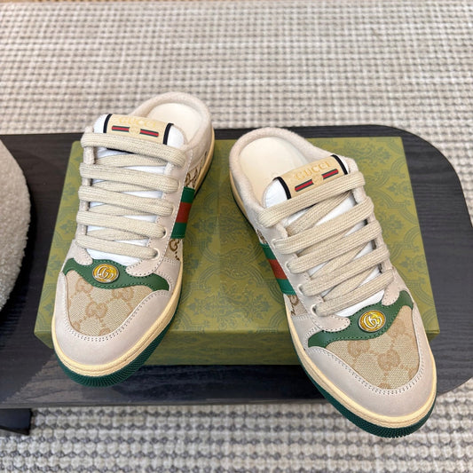 КРОСІВКИ GUCCI 26S БЕЗ ЗАДНИКА З БЕЖЕВОГО ПОЛОТНА ТА ШКІРИ