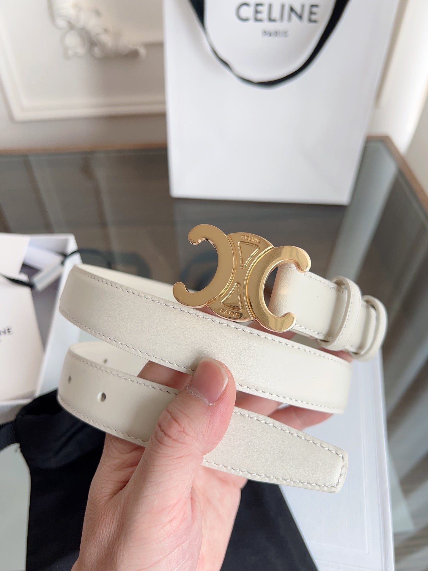 TRIOMPHE BELT 24MM IN WHITE CALFSKIN WITH GOLD BUCKLE - 30