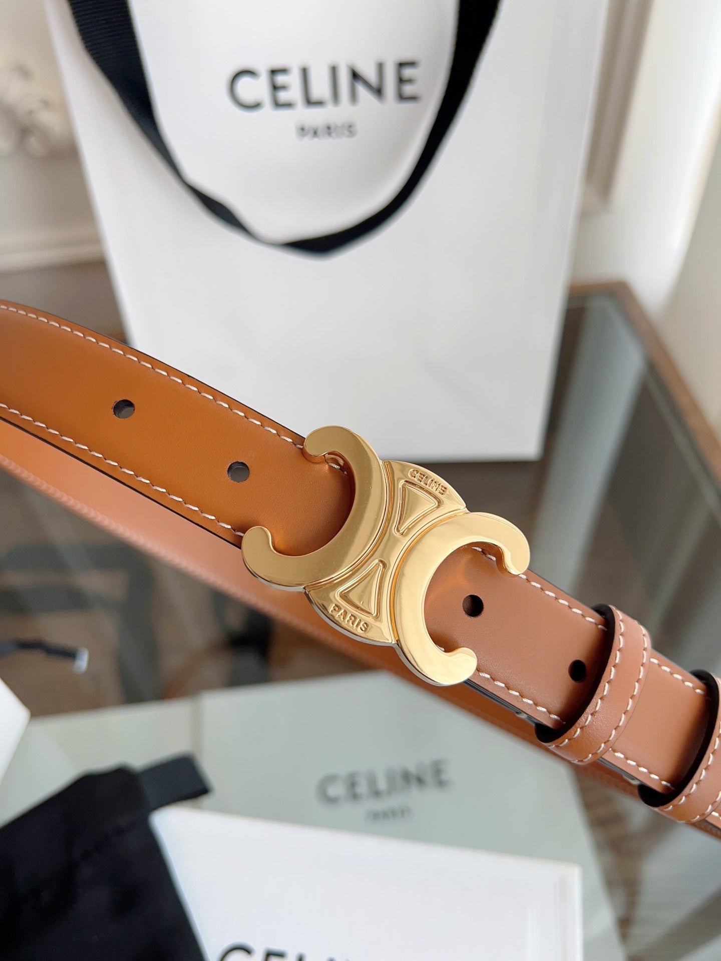 TRIOMPHE BELT 24MM IN BRONZE BROWN CALFSKIN WITH GOLD BUCKLE - 30