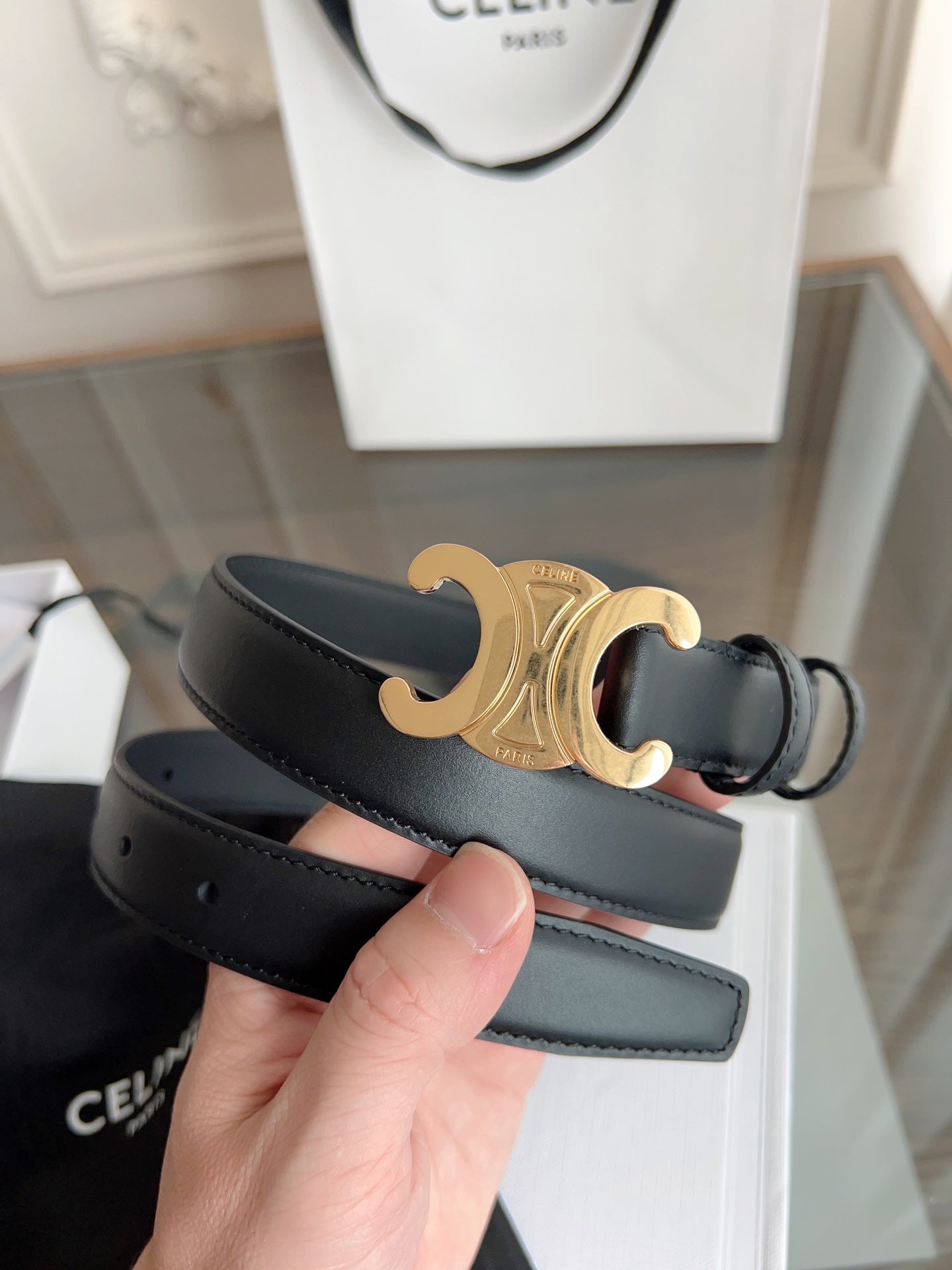 TRIOMPHE BELT 24MM IN BLACK CALFSKIN WITH GOLD BUCKLE - 30
