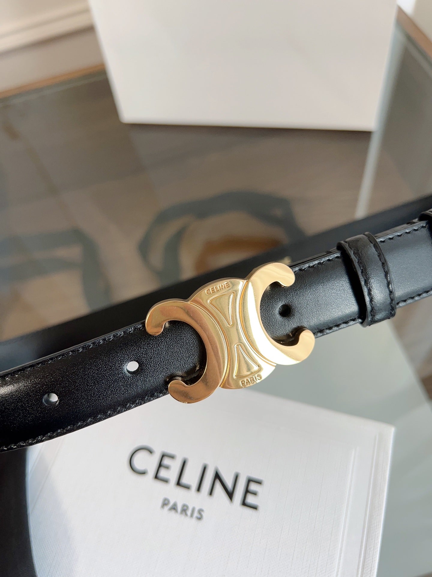 TRIOMPHE BELT 24MM IN GLOSSY BLACK CALFSKIN WITH GOLD BUCKLE - 30