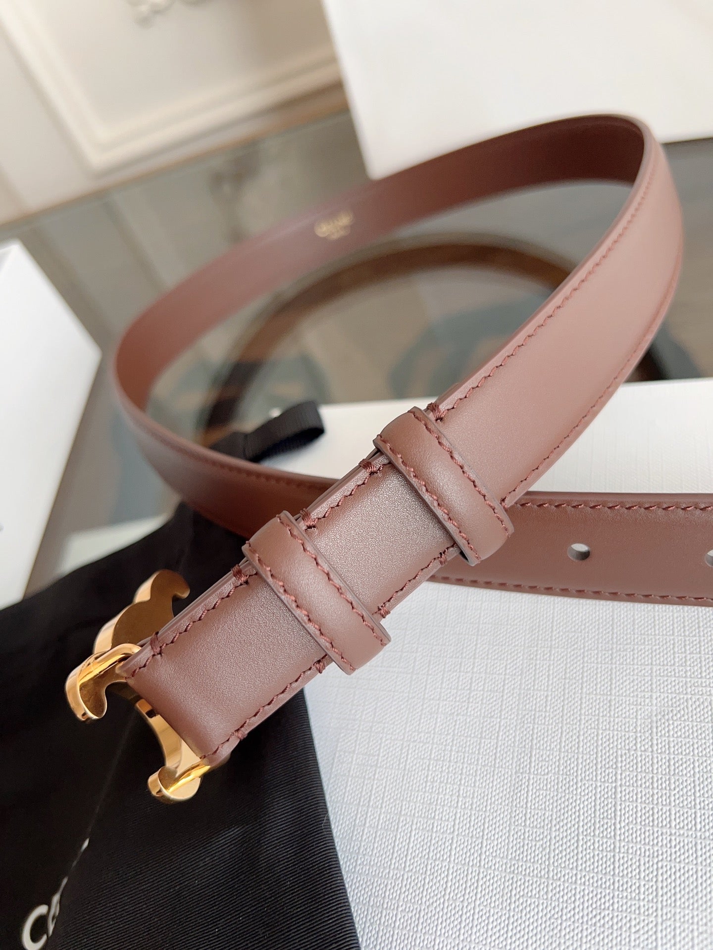 TRIOMPHE BELT 24MM IN BROWN CALFSKIN WITH GOLD BUCKLE - 30