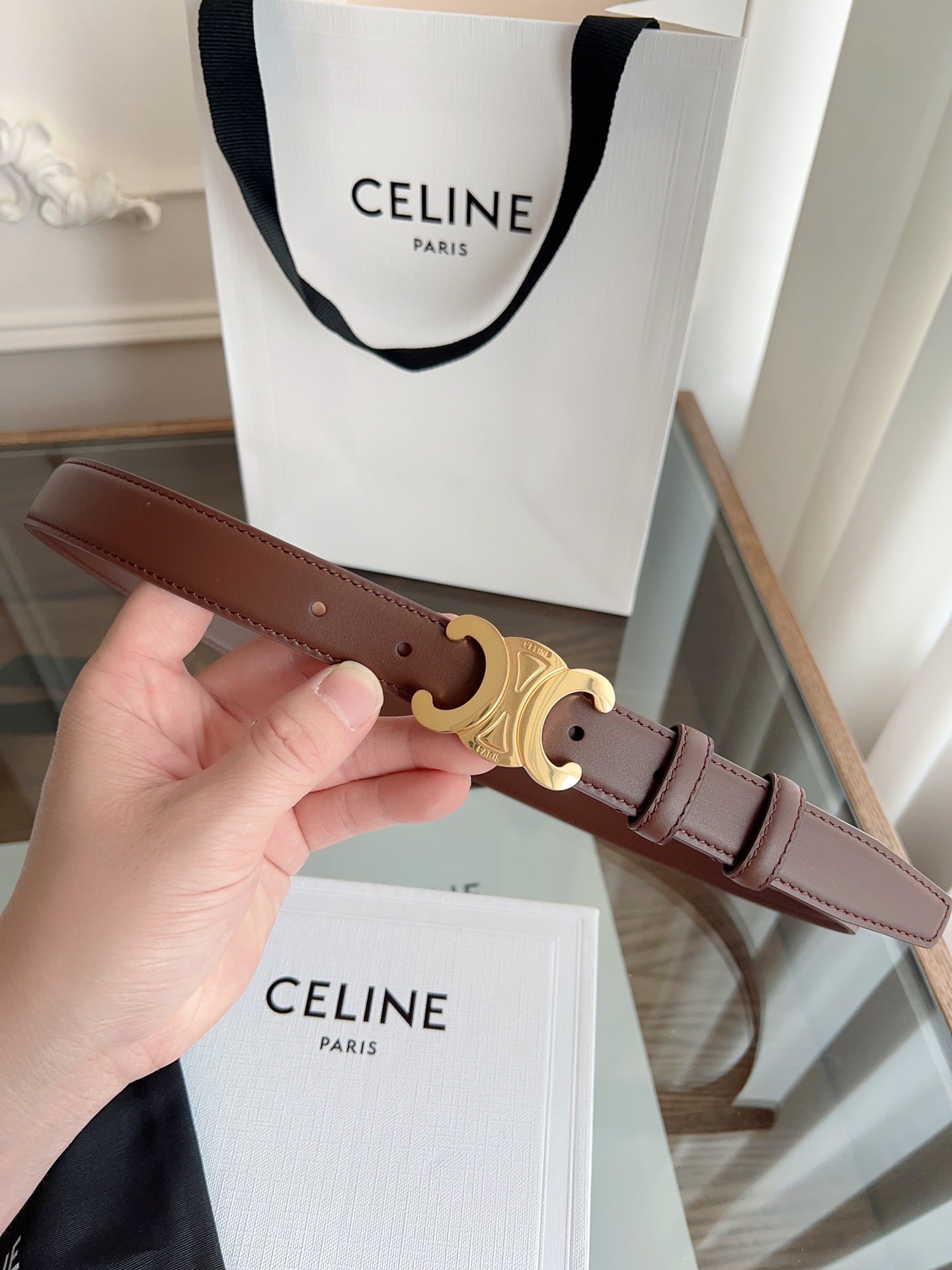 TRIOMPHE BELT 24MM IN BROWN CALFSKIN WITH GOLD BUCKLE - 30