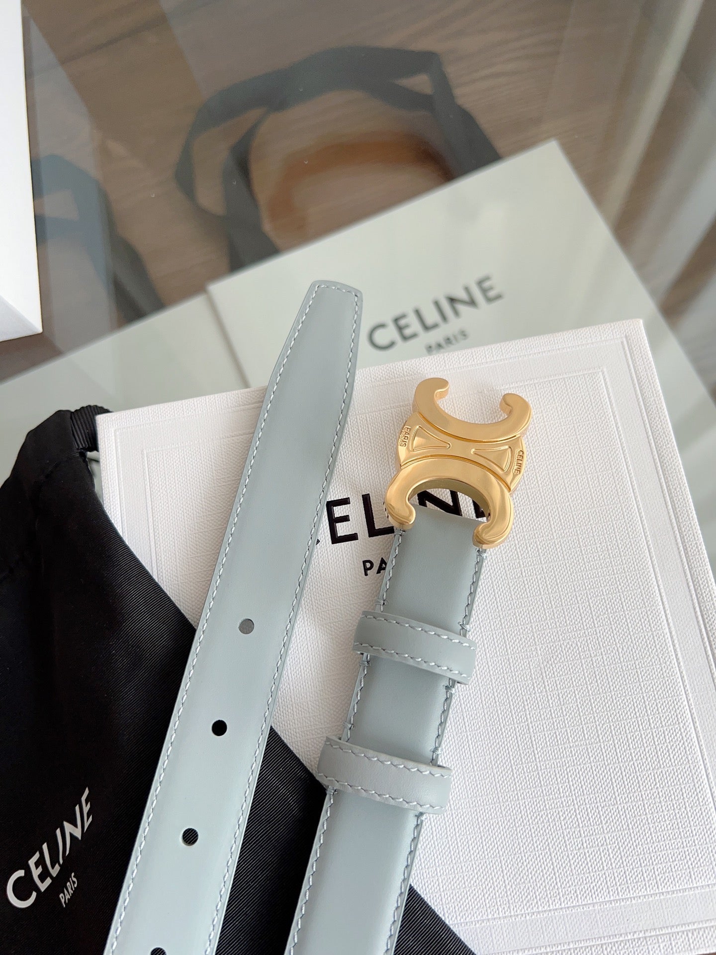 TRIOMPHE BELT 24MM IN ASH GRAY CALFSKIN WITH GOLD BUCKLE - 30