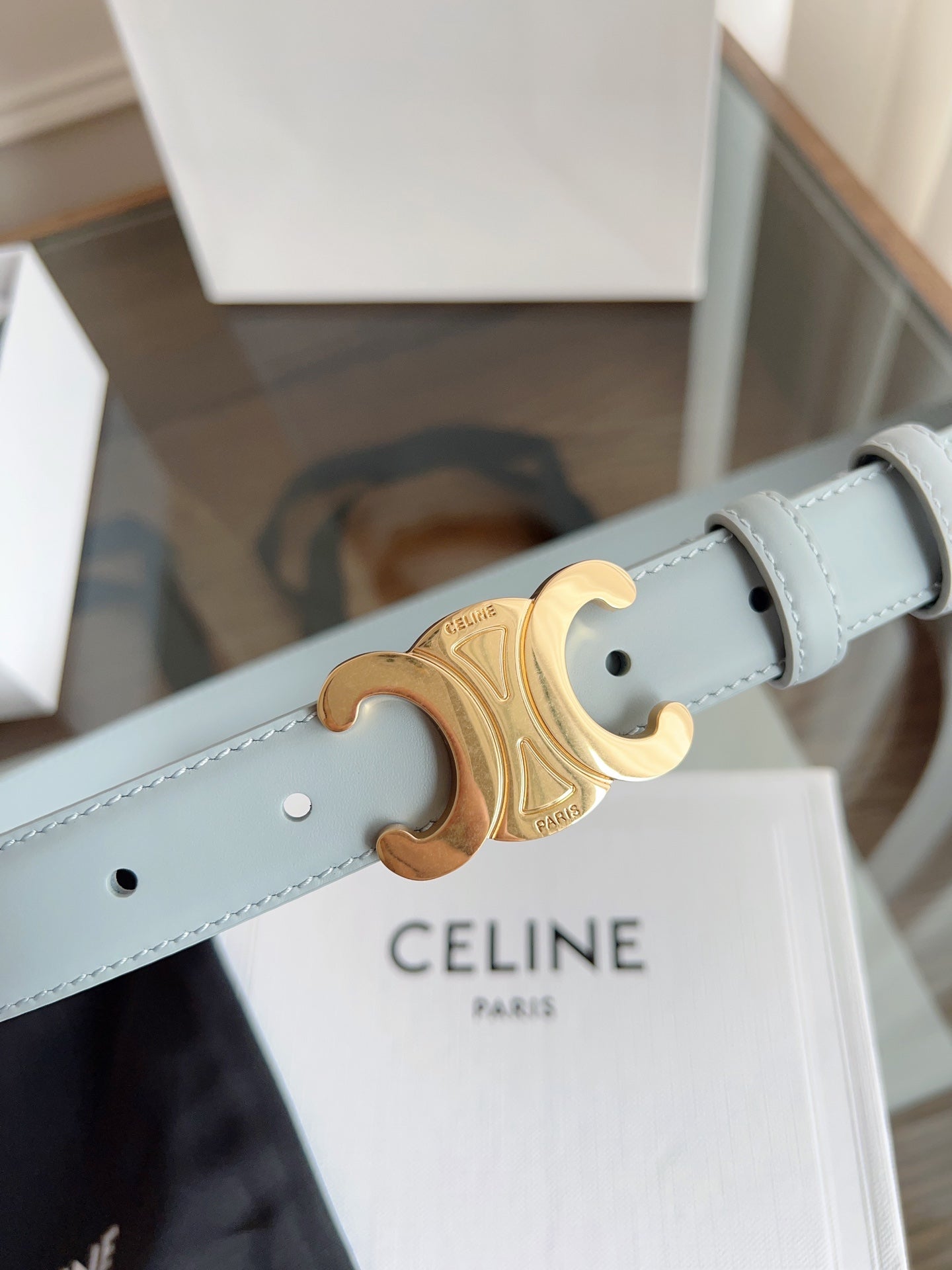 TRIOMPHE BELT 24MM IN ASH GRAY CALFSKIN WITH GOLD BUCKLE - 30