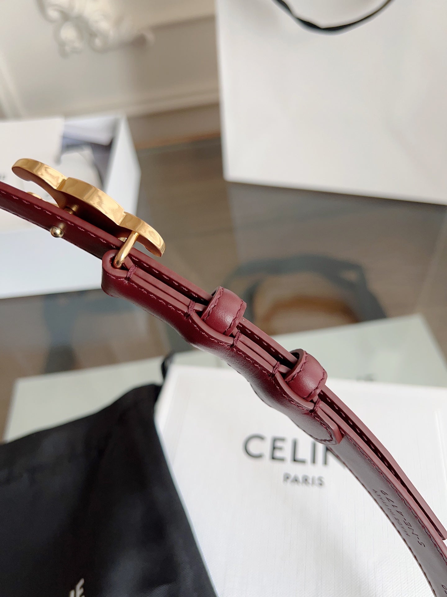 TRIOMPHE BELT 24MM IN WINE RED CALFSKIN WITH GOLD BUCKLE - 30