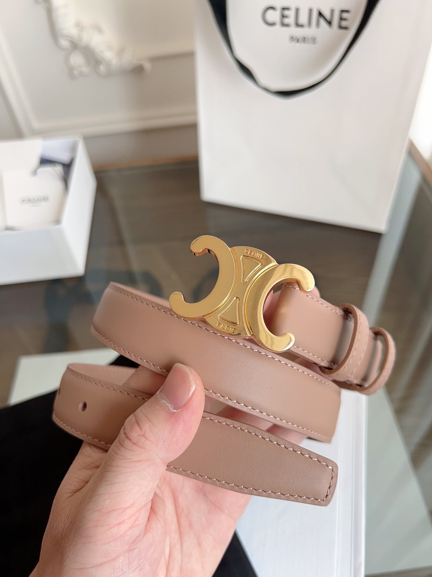 TRIOMPHE BELT 24MM IN BEAVER BROWN CALFSKIN WITH GOLD BUCKLE - 30