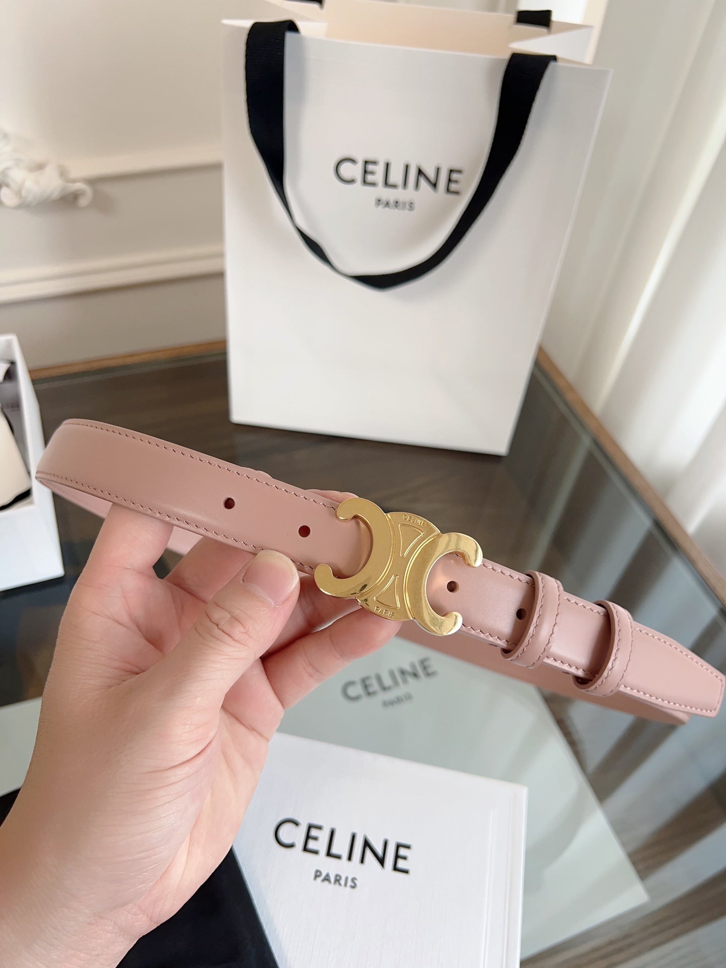 TRIOMPHE BELT 24MM IN TEA ROSE CALFSKIN WITH GOLD BUCKLE - 30
