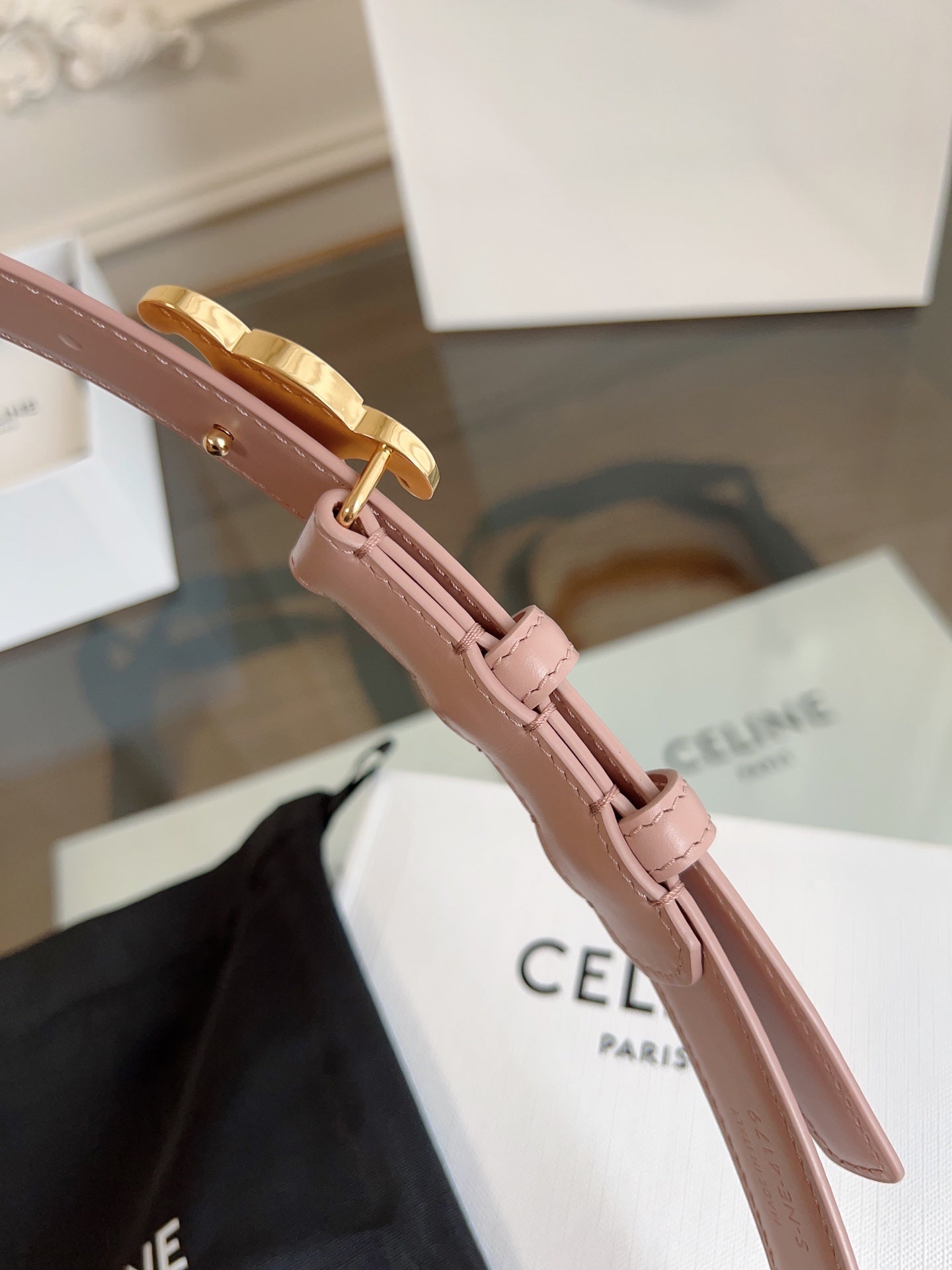 TRIOMPHE BELT 24MM IN TEA ROSE CALFSKIN WITH GOLD BUCKLE - 30