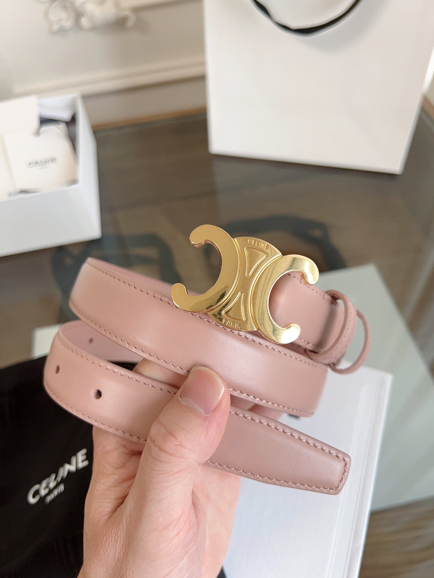 TRIOMPHE BELT 24MM IN TEA ROSE CALFSKIN WITH GOLD BUCKLE - 30