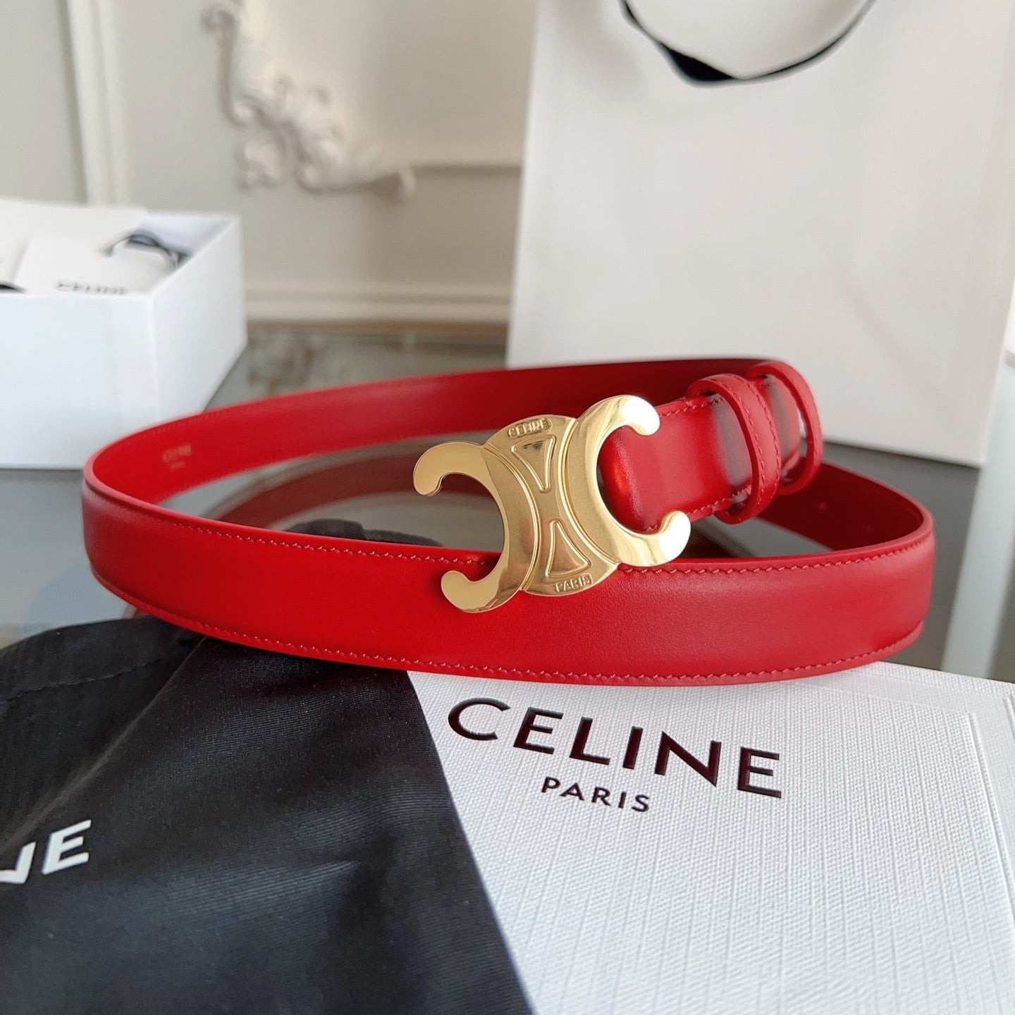 TRIOMPHE BELT 24MM IN RED CALFSKIN WITH GOLD BUCKLE - 30