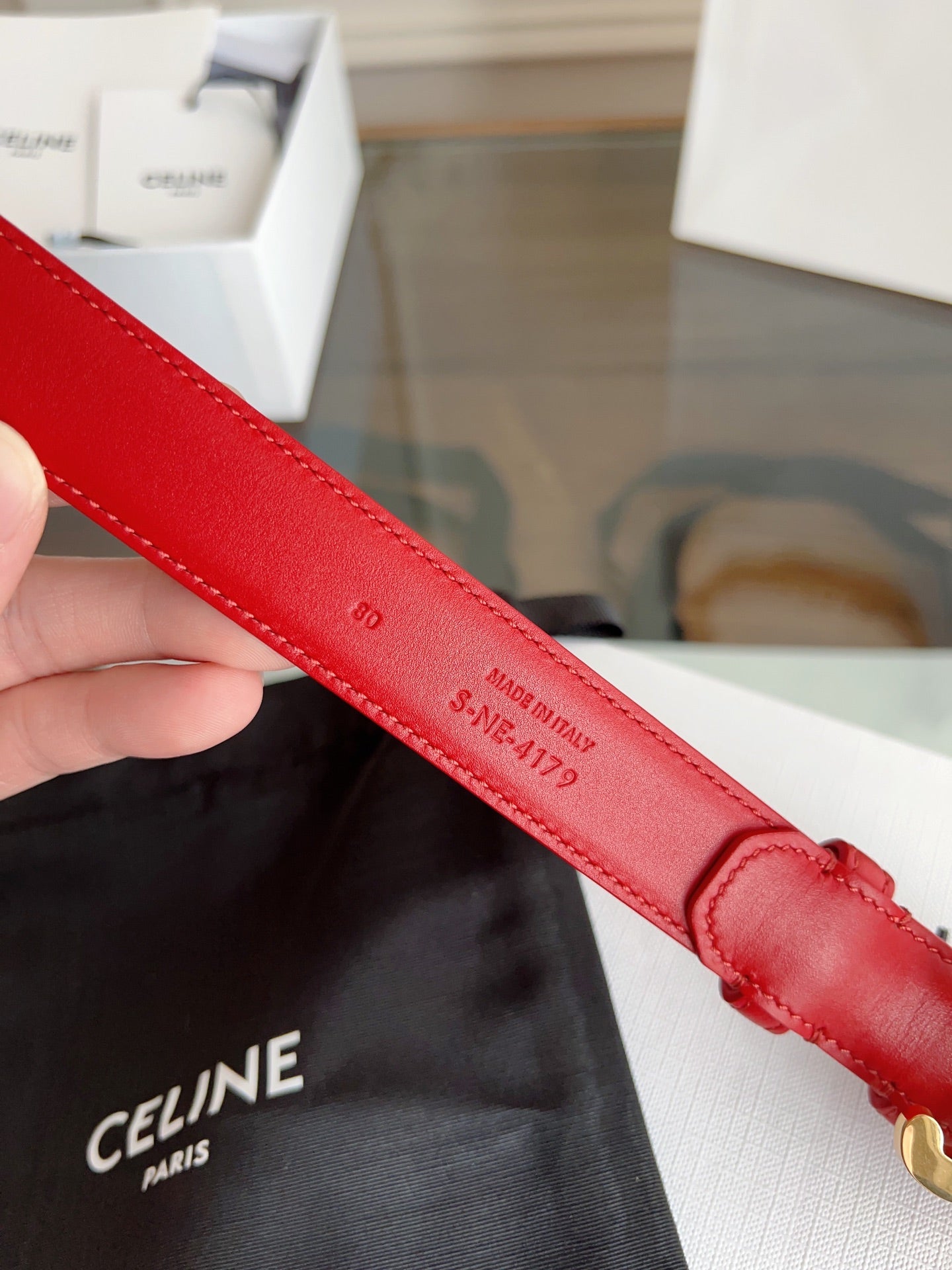 TRIOMPHE BELT 24MM IN RED CALFSKIN WITH GOLD BUCKLE - 30