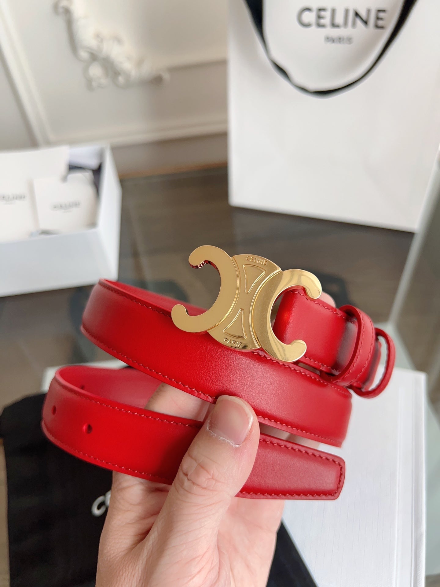 TRIOMPHE BELT 24MM IN RED CALFSKIN WITH GOLD BUCKLE - 30