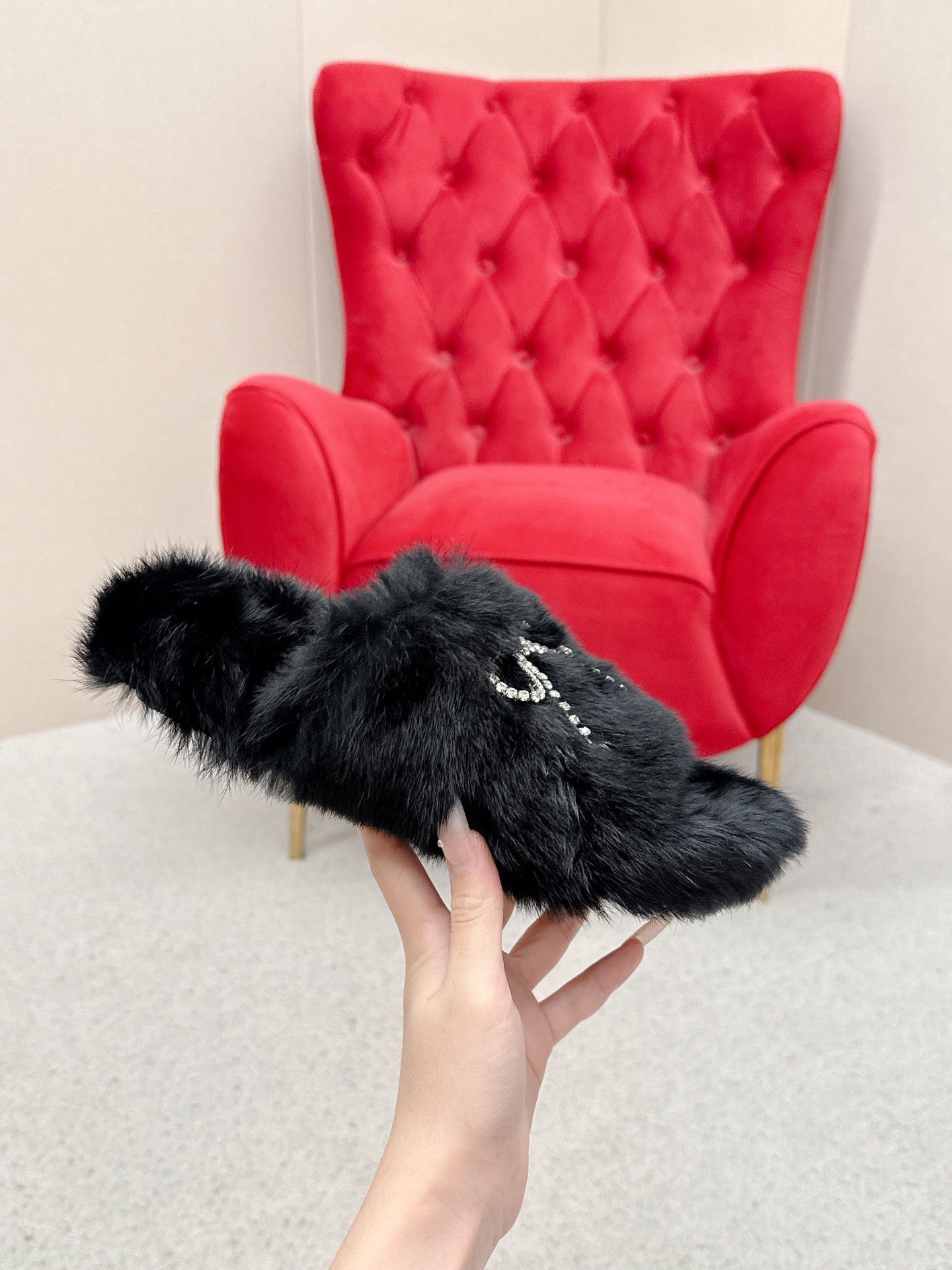 BALENCIAGA 25S SOFT FUR SLIPPERS IN BLACK FUR WITH RHINESTONE BOW - 35
