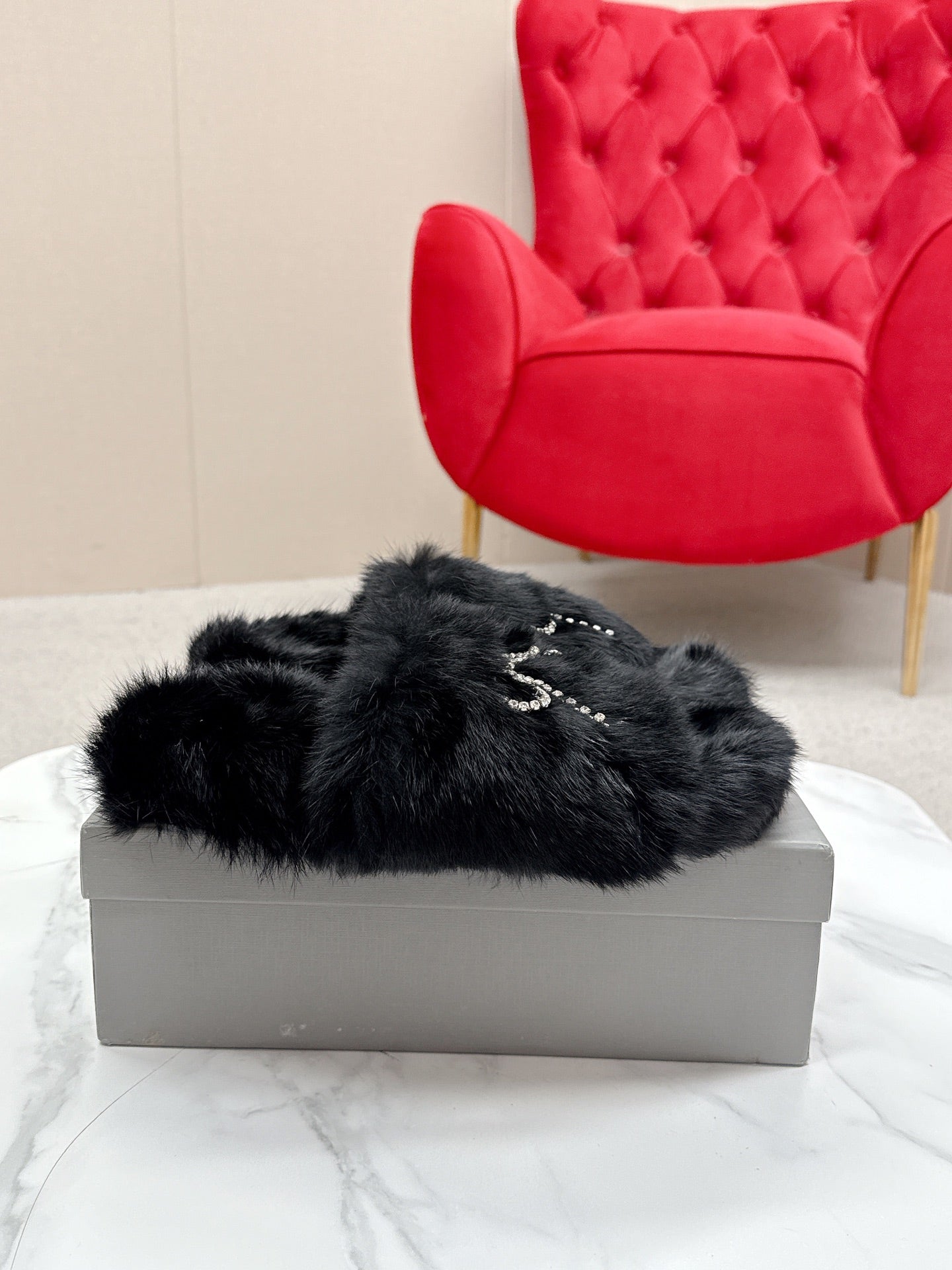 BALENCIAGA 25S SOFT FUR SLIPPERS IN BLACK FUR WITH RHINESTONE BOW - 35