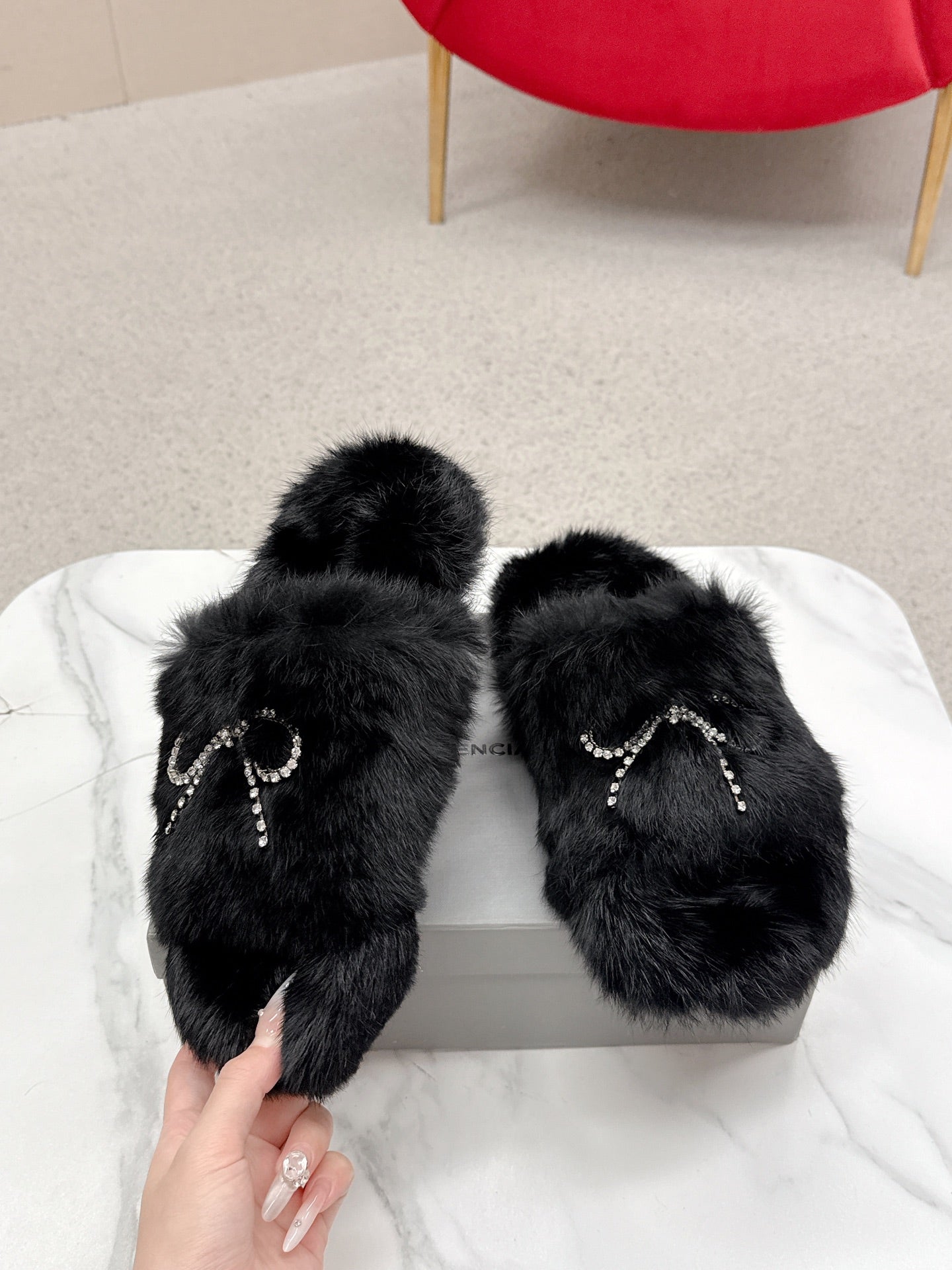 BALENCIAGA 25S SOFT FUR SLIPPERS IN BLACK FUR WITH RHINESTONE BOW - 35