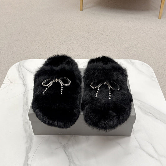 BALENCIAGA 25S SOFT FUR SLIPPERS IN BLACK FUR WITH RHINESTONE BOW - 35