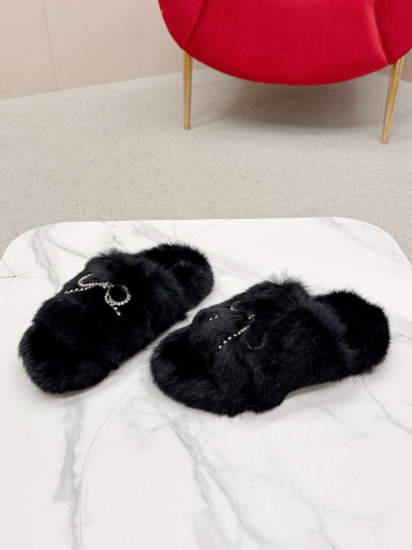 BALENCIAGA 25S SOFT FUR SLIPPERS IN BLACK FUR WITH RHINESTONE BOW - 35