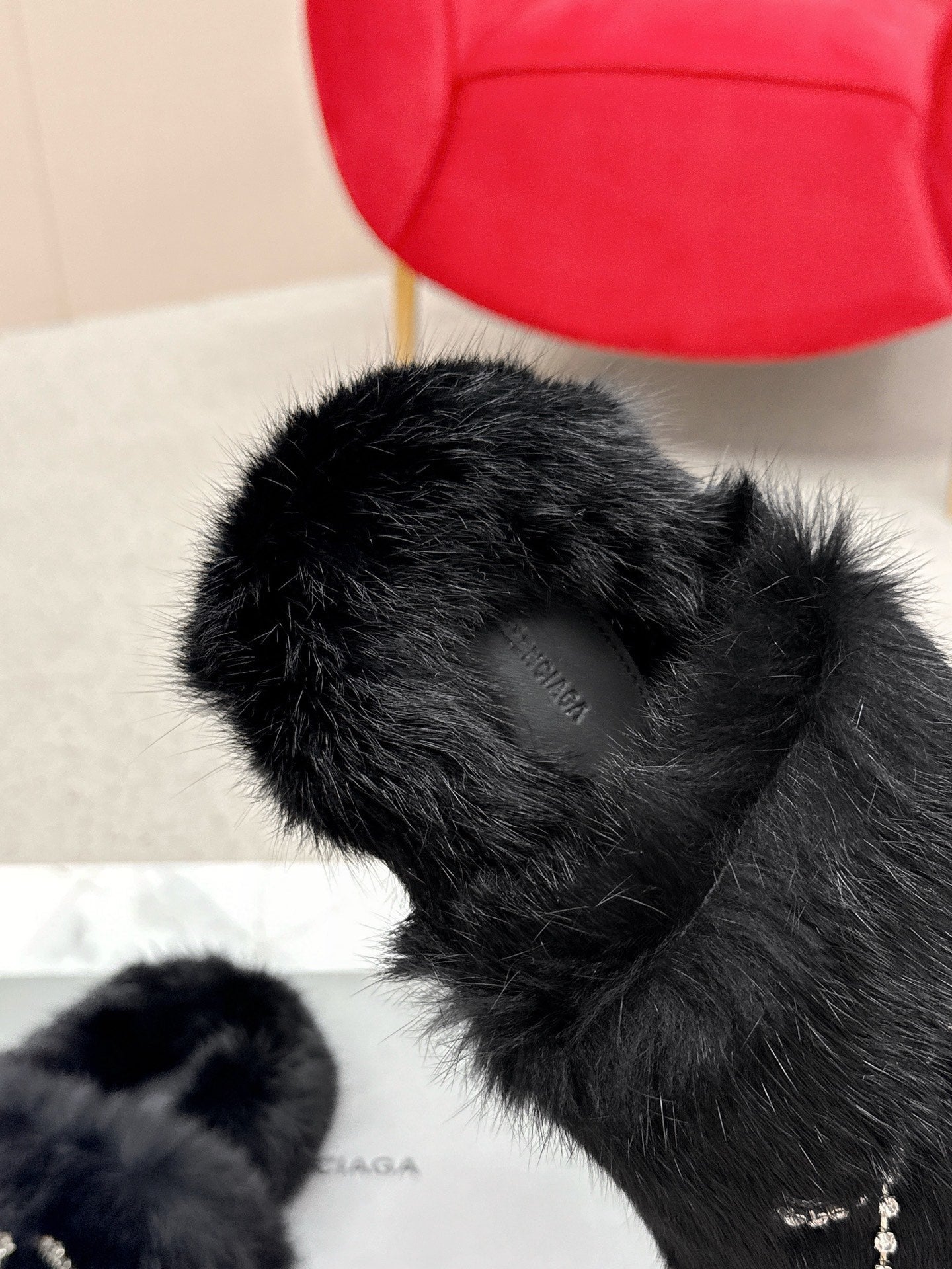 BALENCIAGA 25S SOFT FUR SLIPPERS IN BLACK FUR WITH RHINESTONE BOW - 35