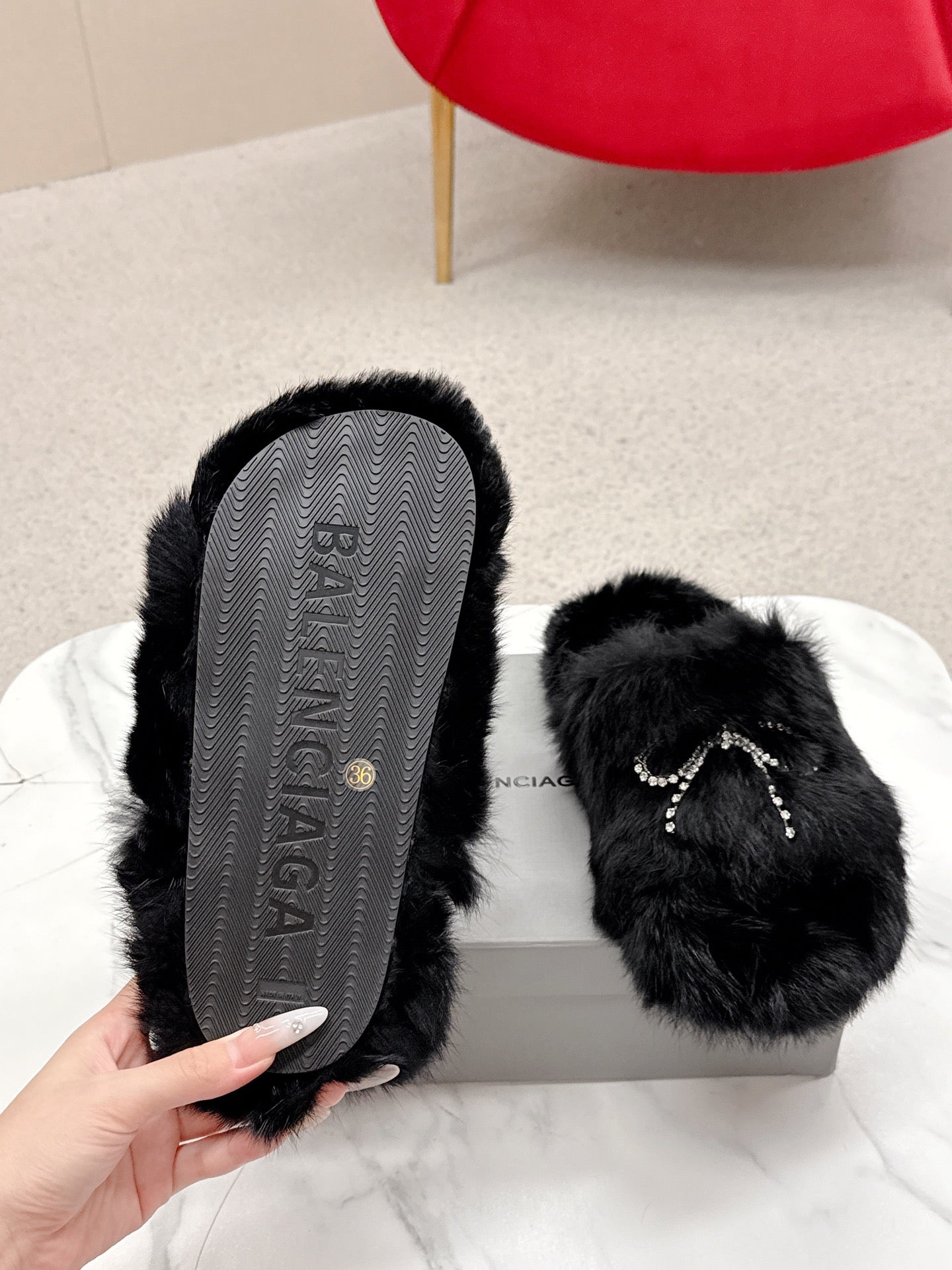 BALENCIAGA 25S SOFT FUR SLIPPERS IN BLACK FUR WITH RHINESTONE BOW - 35