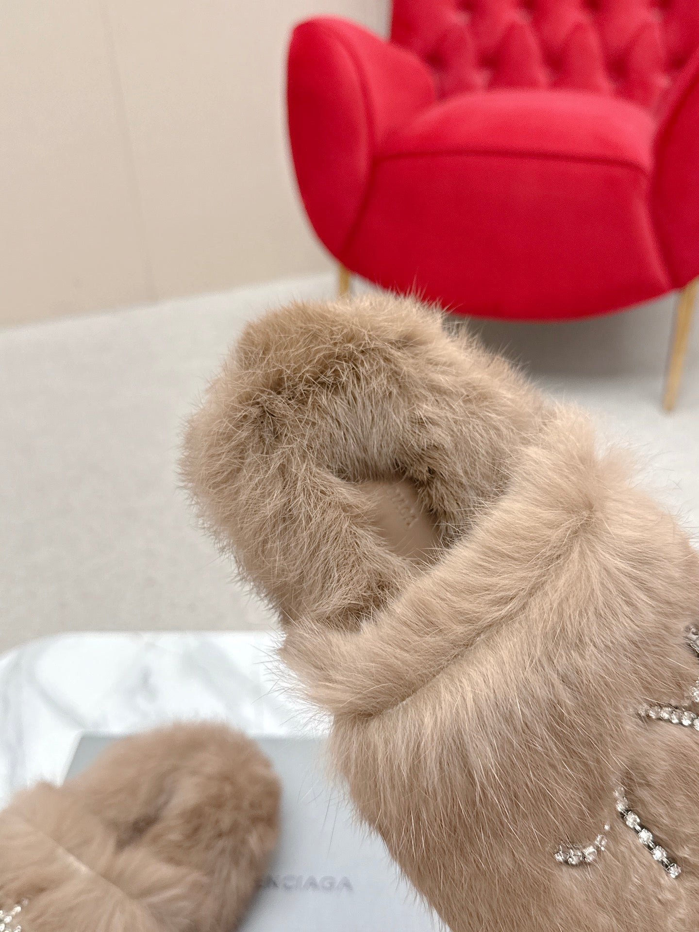 BALENCIAGA 25S SOFT FUR SLIPPERS IN LIGHT BROWN FUR WITH RHINESTONE BOW - 35