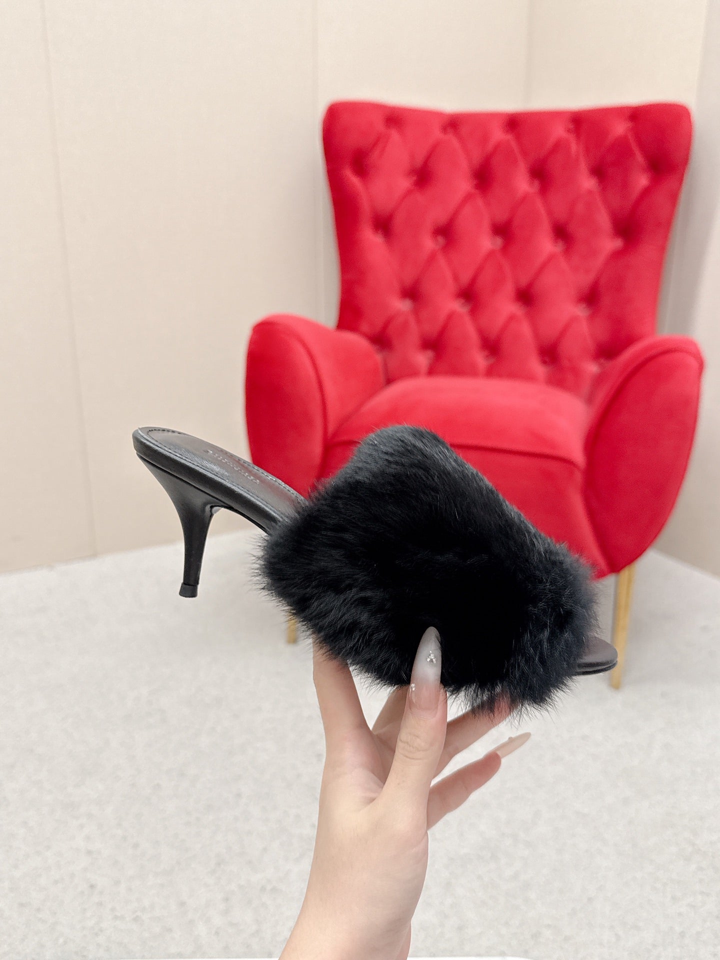 BALENCIAGA 25S HIGH HEEL SANDALS 65 MM IN BLACK LAMBSKIN AND FUR - 35