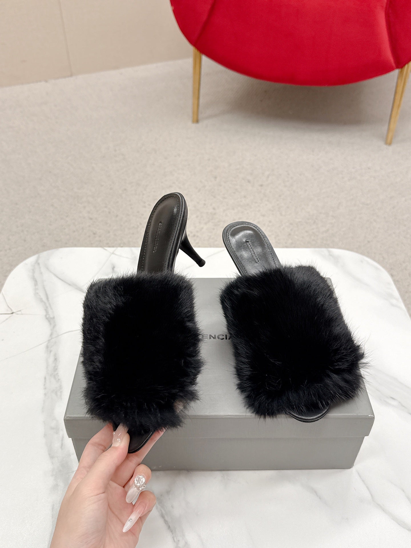BALENCIAGA 25S HIGH HEEL SANDALS 65 MM IN BLACK LAMBSKIN AND FUR - 35