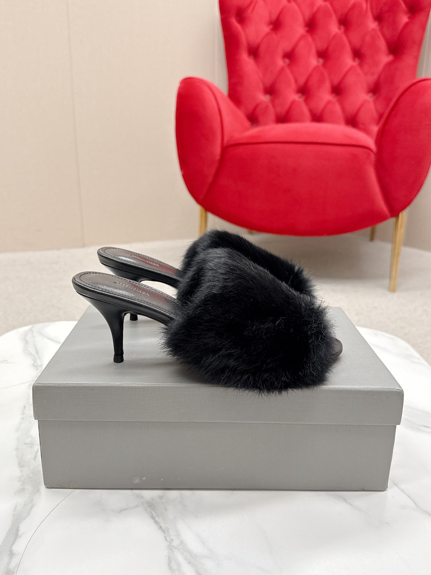 BALENCIAGA 25S HIGH HEEL SANDALS 65 MM IN BLACK LAMBSKIN AND FUR - 35