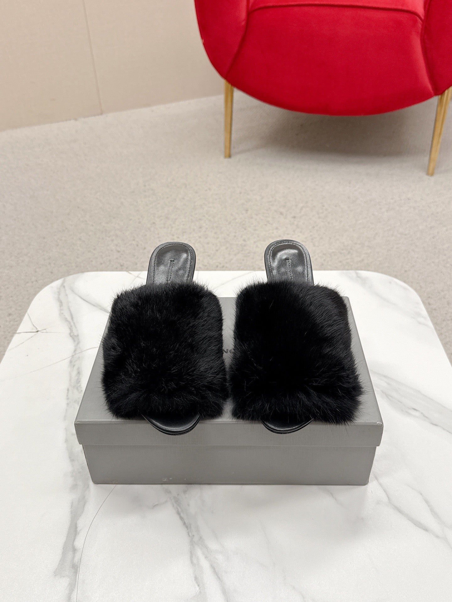 BALENCIAGA 25S HIGH HEEL SANDALS 65 MM IN BLACK LAMBSKIN AND FUR - 35