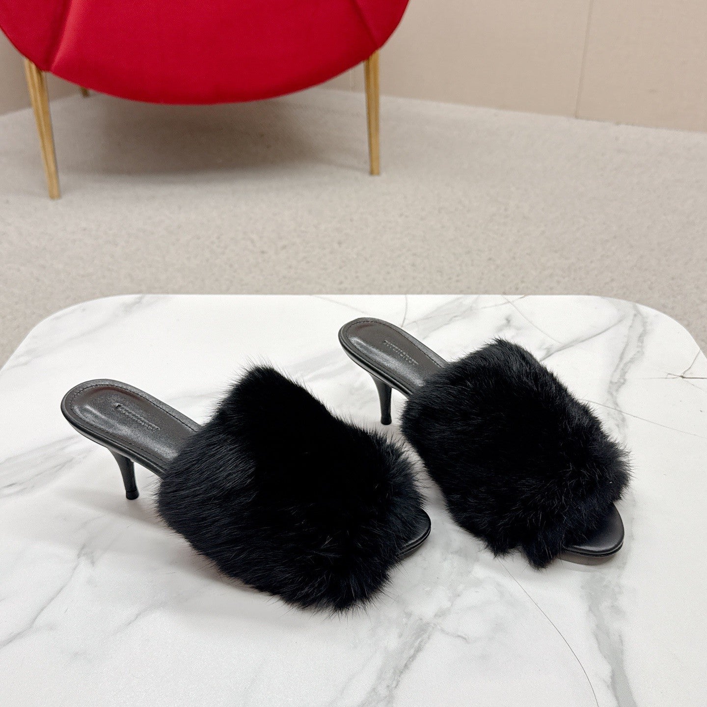 BALENCIAGA 25S HIGH HEEL SANDALS 65 MM IN BLACK LAMBSKIN AND FUR - 35