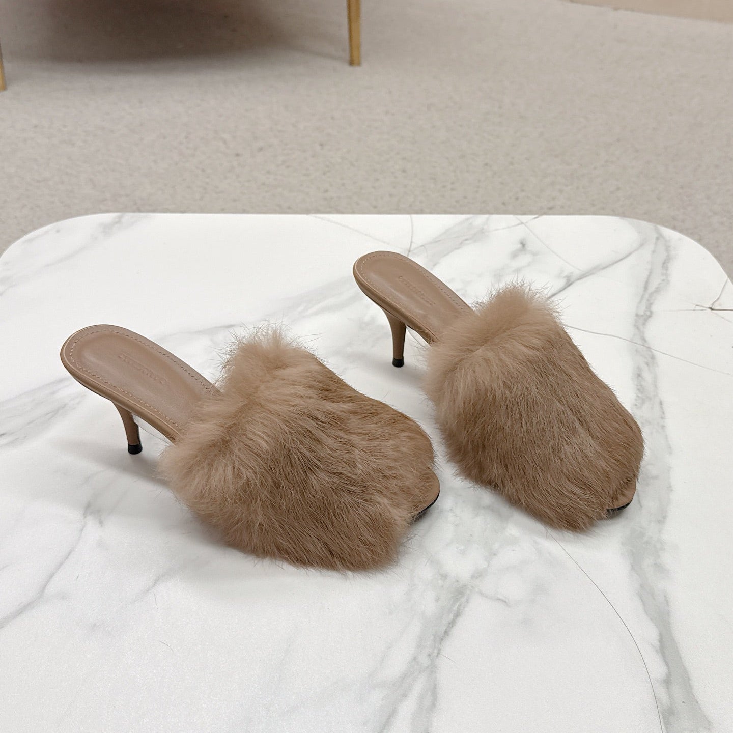 BALENCIAGA 25S HIGH HEEL SANDALS 65 MM IN LIGHT BROWN LAMBSKIN AND FUR - 35
